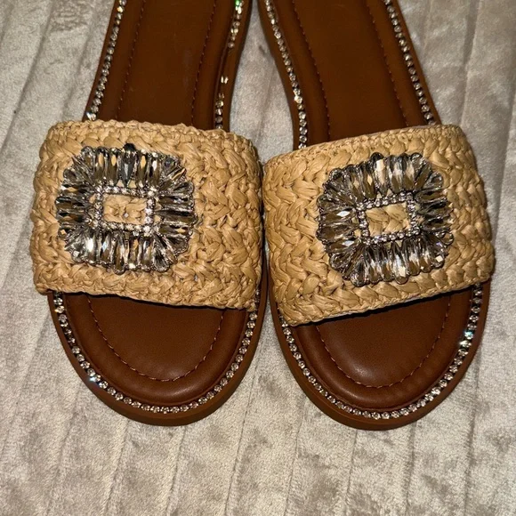 INC International Concepts Tan Woven Slide Sandals with Rhinestones - Picture 5 of 16